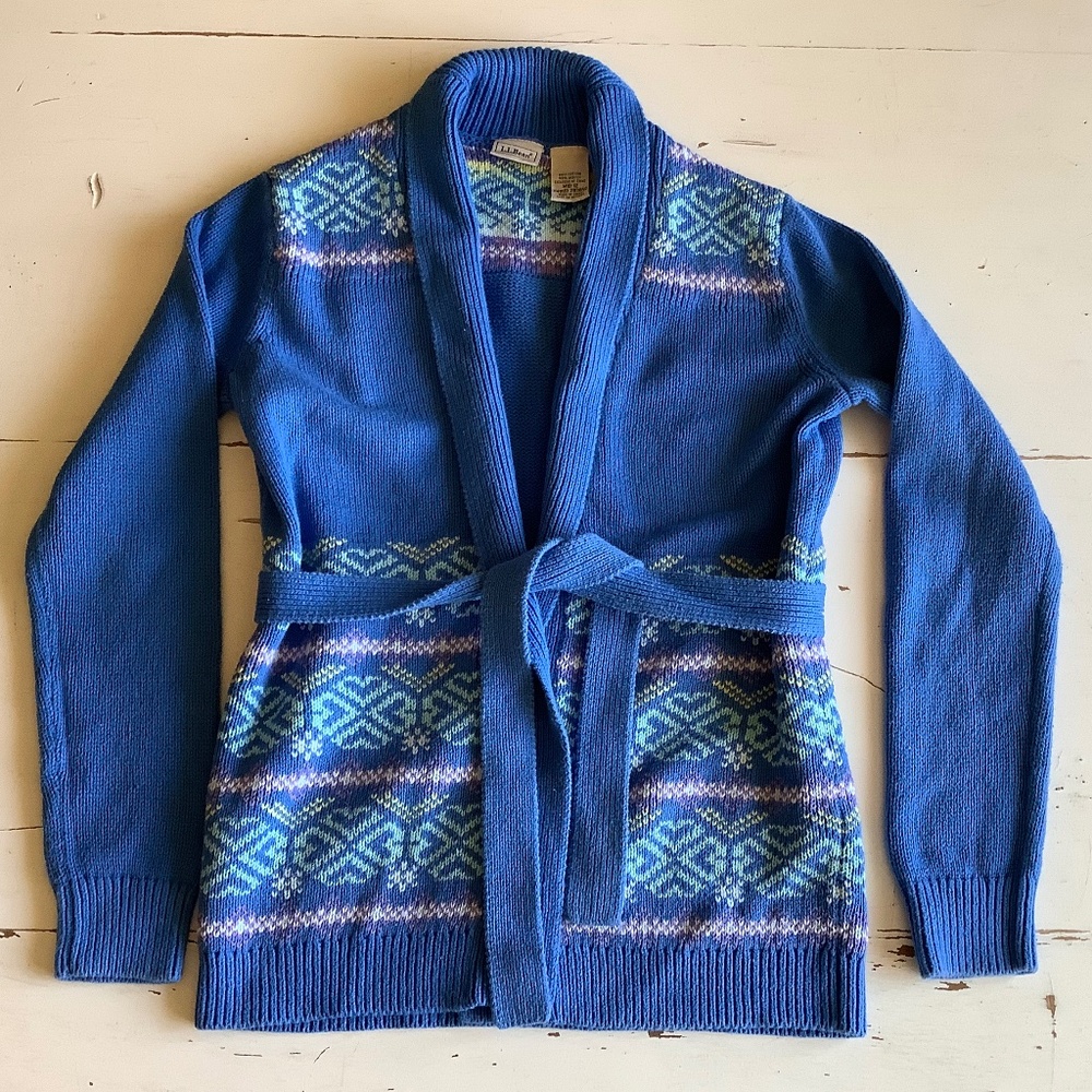 L.L. Bean light Blue fair isle wrap Cardigan sweater Medium 10 12